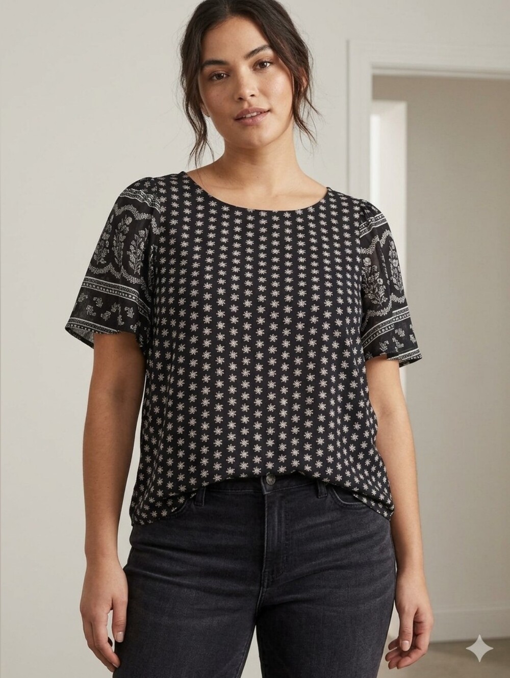 Lucky Brand Black Floral Mixed Pattern Boho Sleeve Top